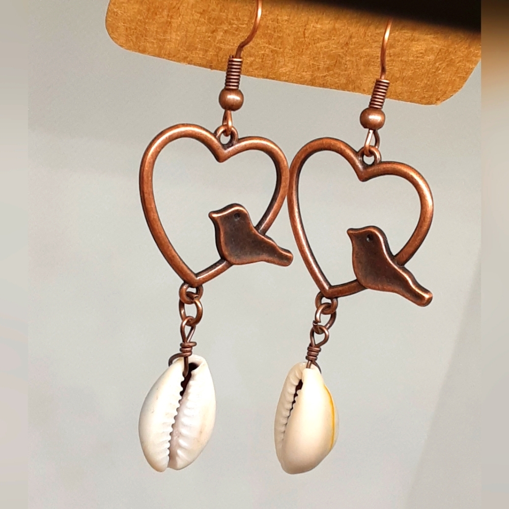 NEW Vintage Style Boho Earrings Birds Hearts Seashell Coastal Dangle Copper